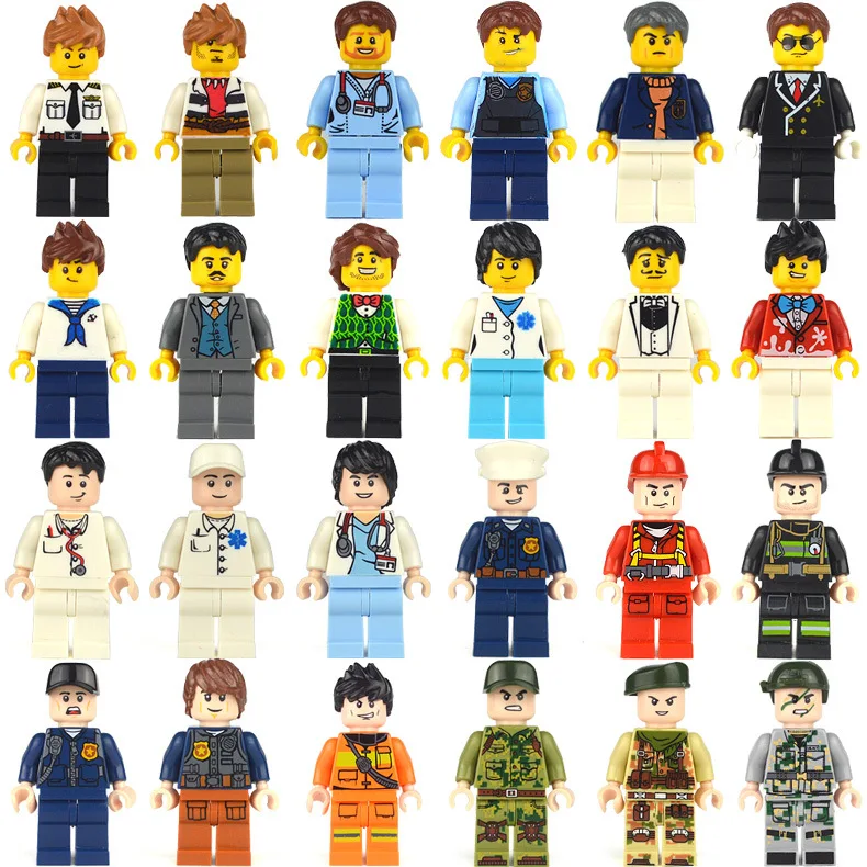 24Pcs/ DIY Figures City PoliceMan Fireman Teacher Building Blocks Bricks Assemble Toys Set For Boy Girl Children Christmas Gifts