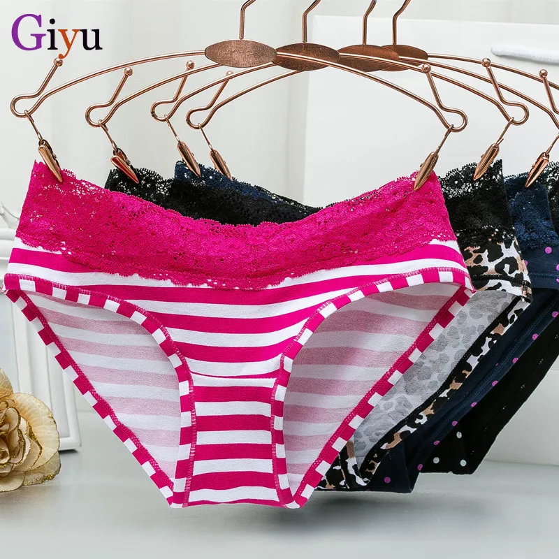 

Pure Cotton Women Panties Sexy Lace Stitching Low Waist Leopard Stripes Plus Size Briefs Comfortable Soft Ladies Underwear