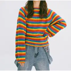 Женский Радужный полосатый трикотажный свитер осень 2019 круглый вырез длинный рукав женские свитеры пуловеры повседневные женские