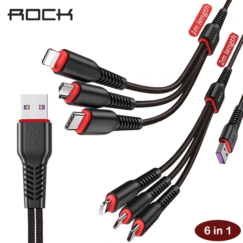  ROCK 6 in 1 USB Charge Cable For iPhone Lightning Micro USB Type C for Samsung Xiaomi Huawei 2M Fas