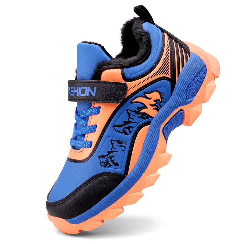 Blue New Kids Boy Brand Sneakers Warm Fur Children Running Shoes Designer Big Boy Gym Shoes Outdoor PU Leather Fur Sneakers Boy - Цвет: Blue