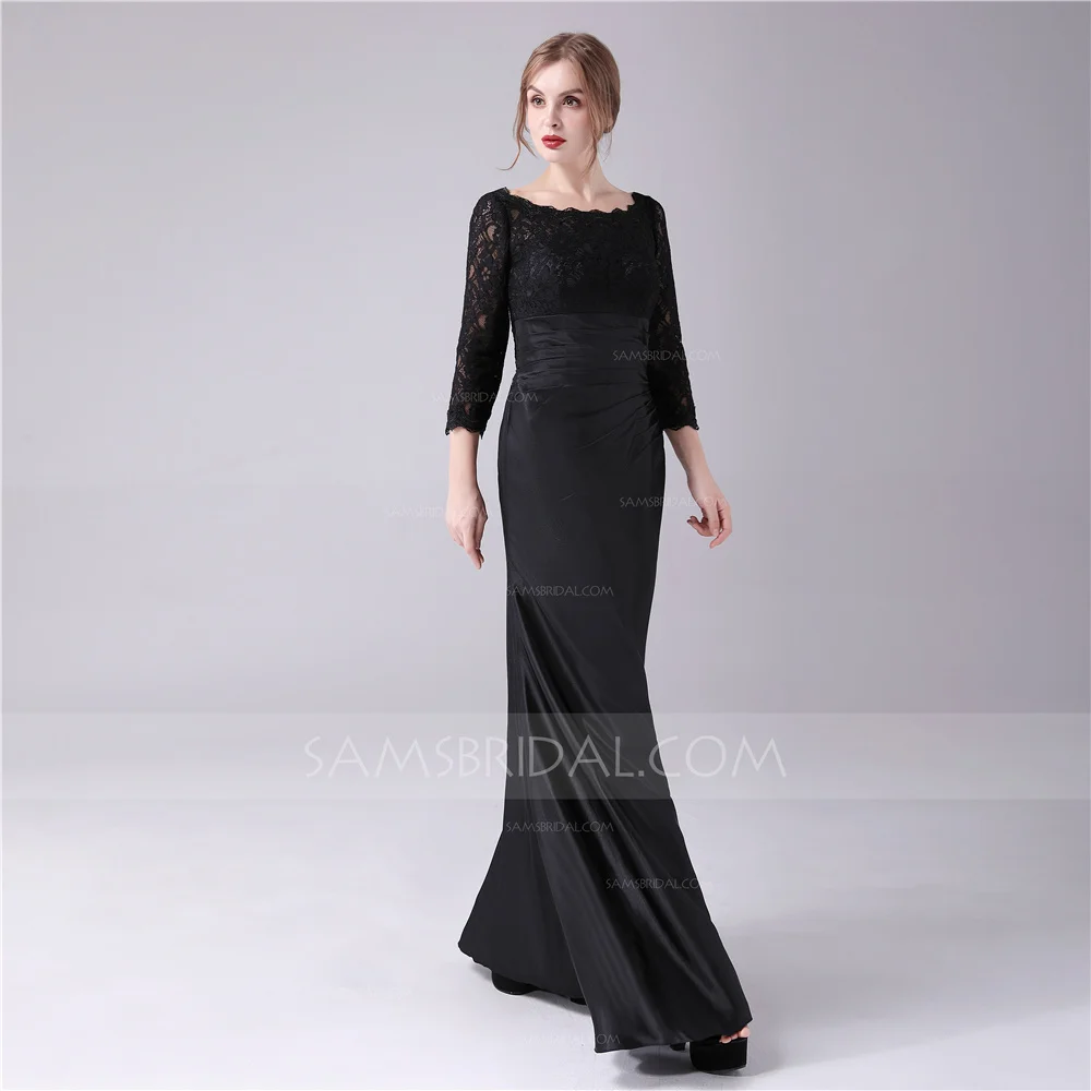 Sheath / Column Jewel Floor-length Chiffon Lace Evening Dress with Ruched Side-Draped