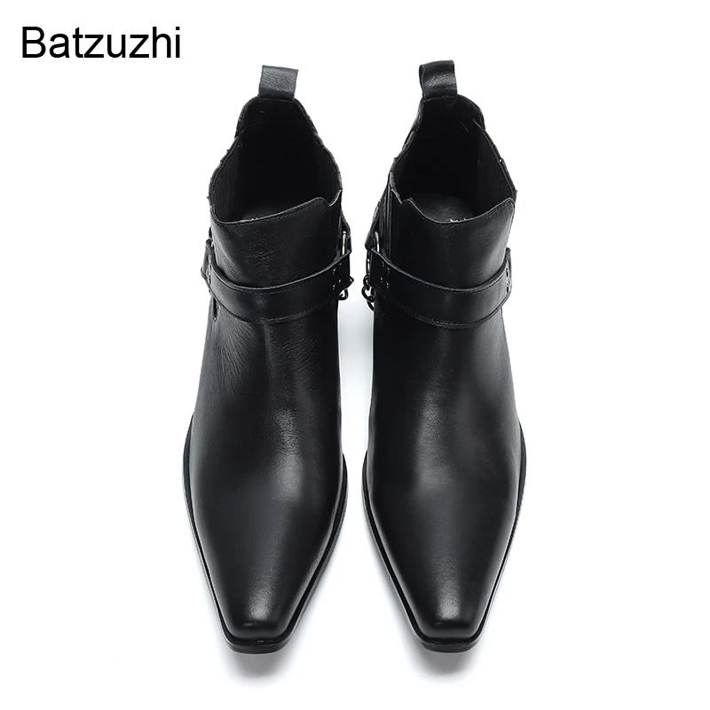 Batzuzhi New Design Men's Boots Black Genuine Leather Boots Men With Chains 6.5cm High Heels Motorcycle Zapatos Hombre, 38-46