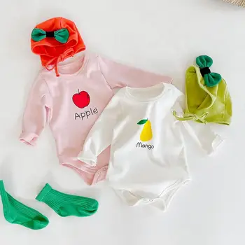 

Newborn Baby Bodysuit Cotton Cute Apple Print Autumn Long Sleeve Jumpsuit Boys Girls Bodysuits Toddler Baby Clothes With Hat