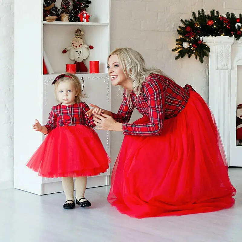 USA Mother&ampDaughter Dress Matching Mom Girl Plaids Bow Maxi Family Clothes | Мать и ребенок