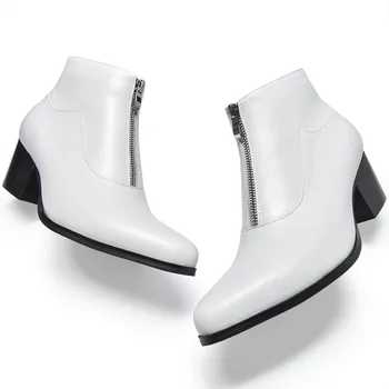 

Heel Fleece Warm High Genuine Leather Men Pointed White Black Zipper Work Ankle Boots England Style Fashion Dress Shoes