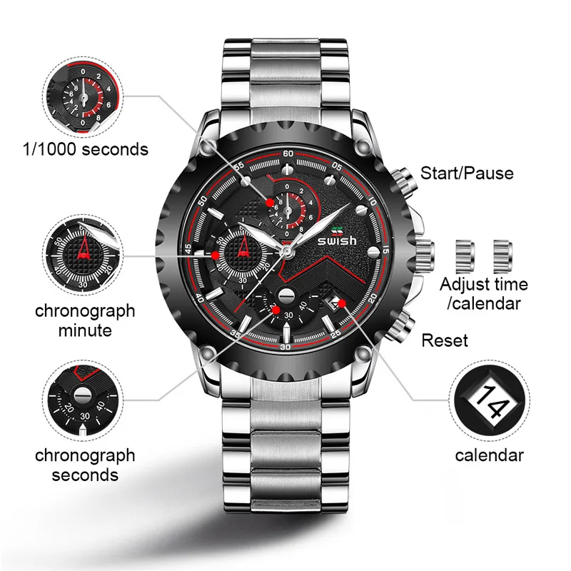 SWISH модные серебряные часы для мужчин повседневные водонепроницаемые военные