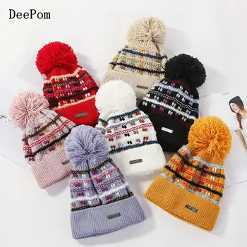 

DeePom Women Winter Knit Slouchy Beanies Hat Warm Skull Ski Cap Pompom Ball Hats For Lady Girls Beanie Hat Female