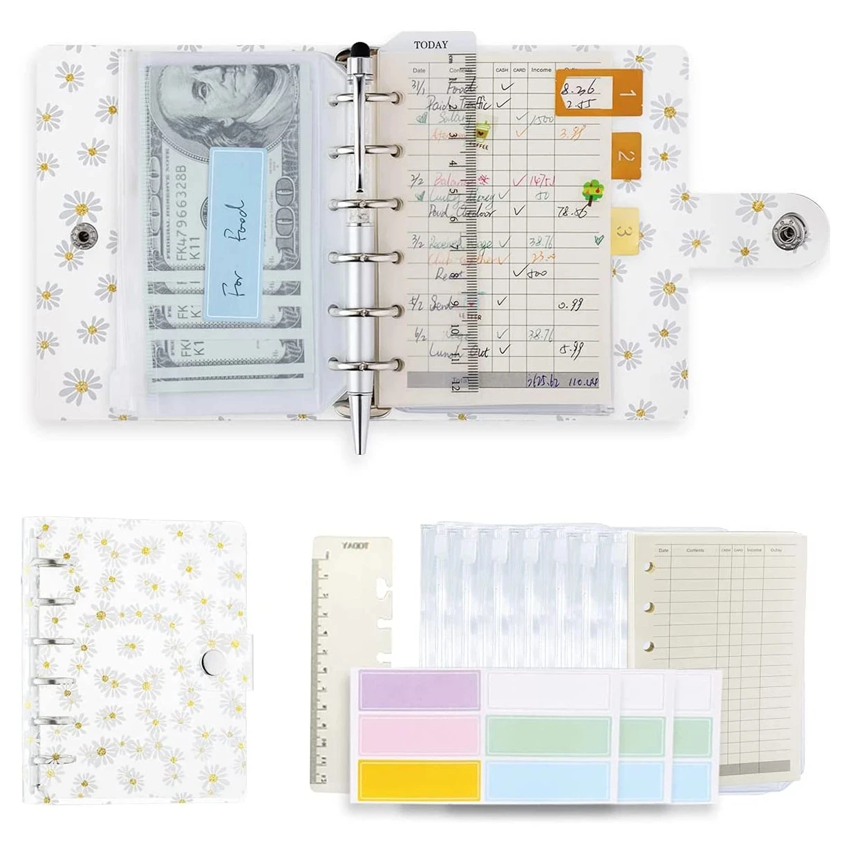 A7 – classeur transparent marguerite, planificateur, enveloppes d'argent,  de Budget, avec pochettes, règle, papier de recharge, étiquette autocollante