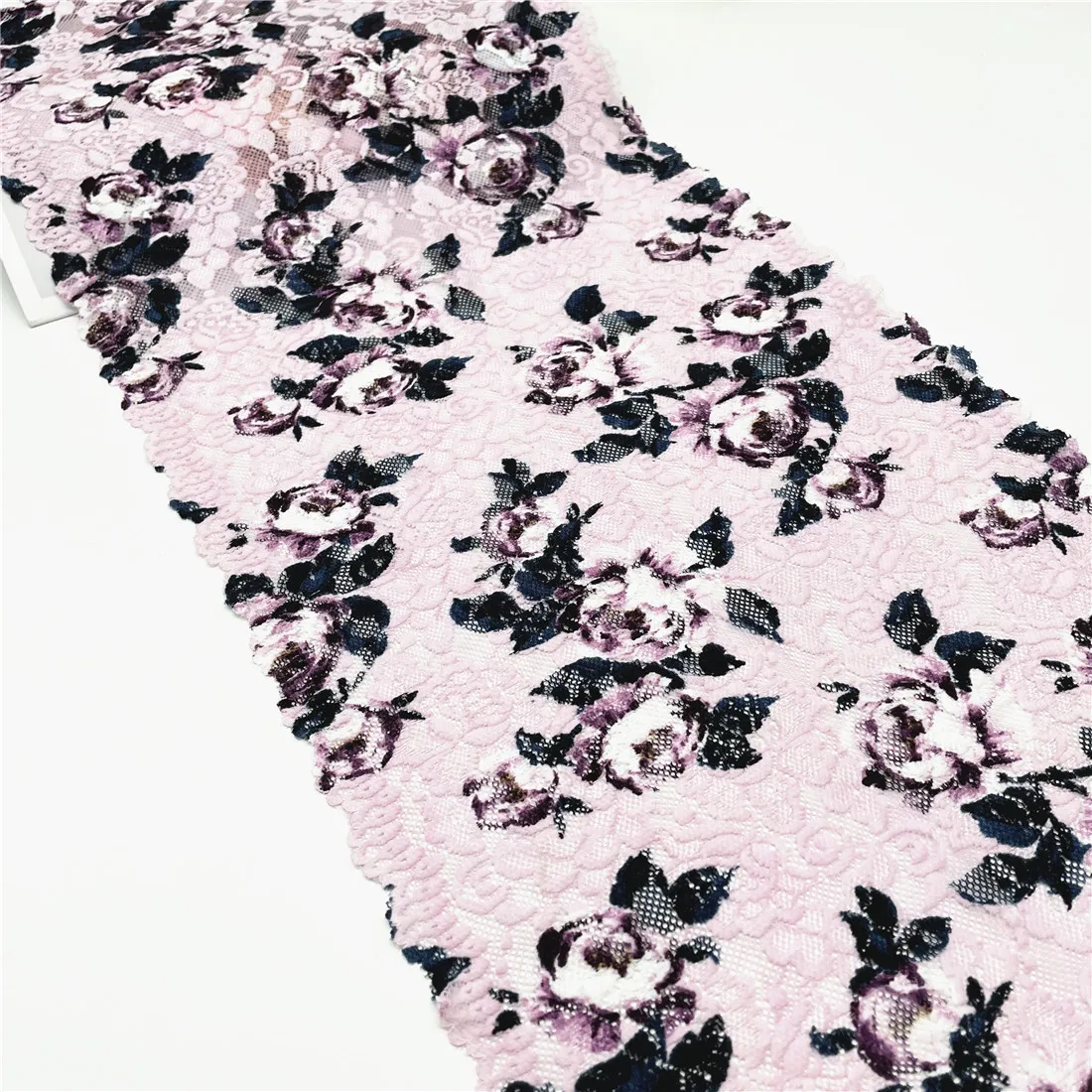3M/lot Width 28cm Pink Flower Stretch Elastic Lace Trim 1