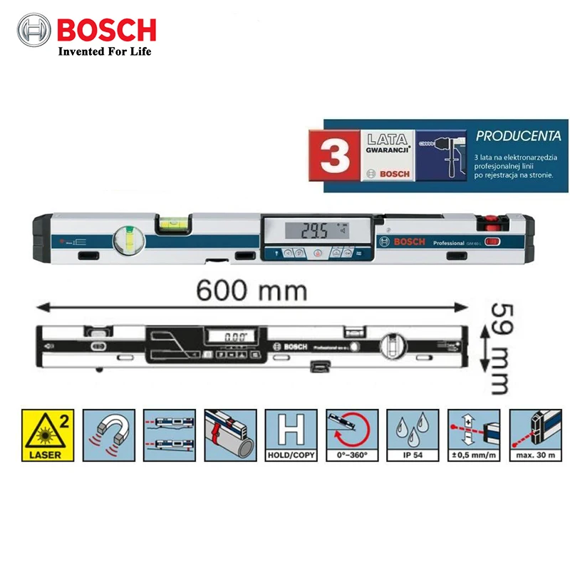 Bosch GIM60 Professional Digital Tilt Sensor Inclination Ruler/Level Measuring range 60cm Measuring range 0-360 degrees