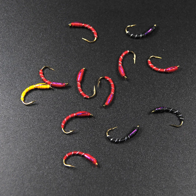 

10PCS 12# Caddis Larva Chironomid Midge Pupa Buzzer Zebra Nymph Trout Flies Fly fishing Hook Black Red Orange