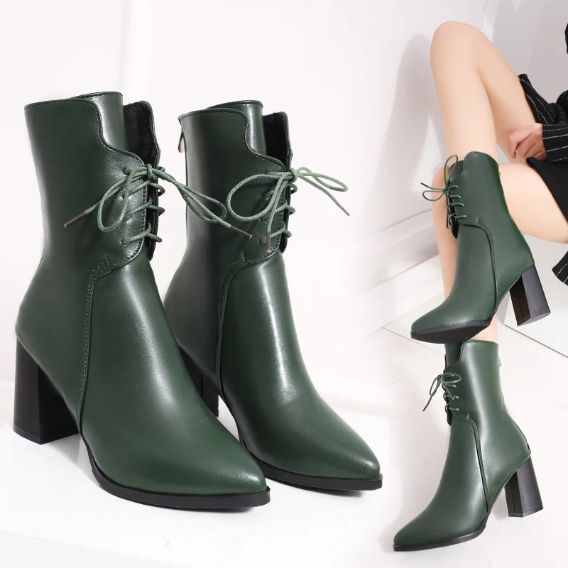 

European short boots female thick with sexy pointed single high heel Martin British style retro lace fashion women's boots 40