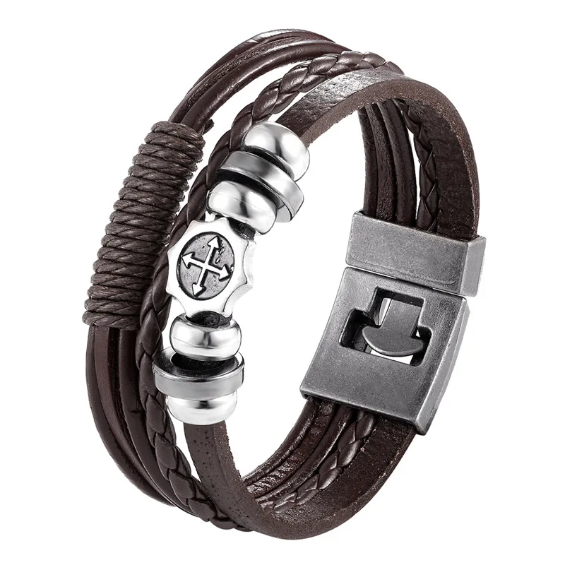 Модные многослойные кожаные браслеты для мужчин, популярные повязки для рыцаря, очаровательные браслеты с якорем для женщин, рождественский подарок - Окраска металла: TZ-747