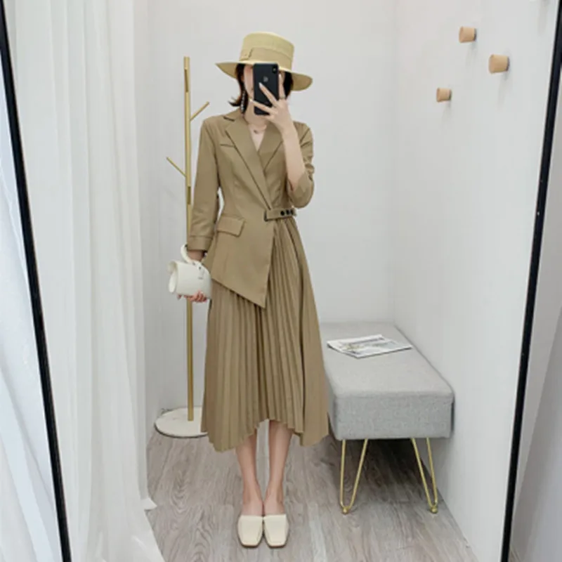 Autumn New Runway Women Fashion Notched Stitching Side buckle Pleated Hem Mid Calf Dress Elegant OL Work Wear Suits Dress