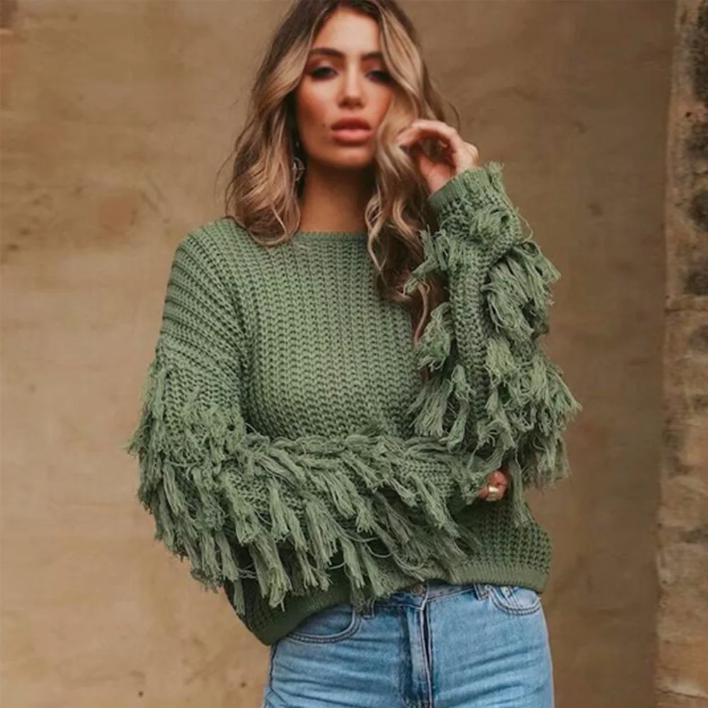 

Oeak Women's solid color sweater loose pullover sweater fringed long-sleeved sweater sweater 2019