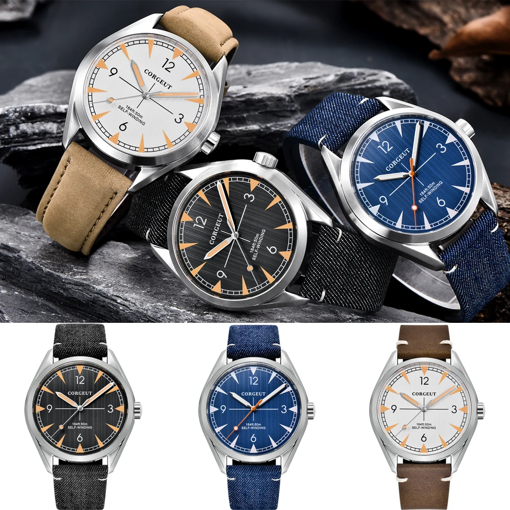 

41MM Corgeut Luxury Brand men leather Wrist Watch Automatic Sport Design clock black Dial Sapphire Mechanical male wrist watch