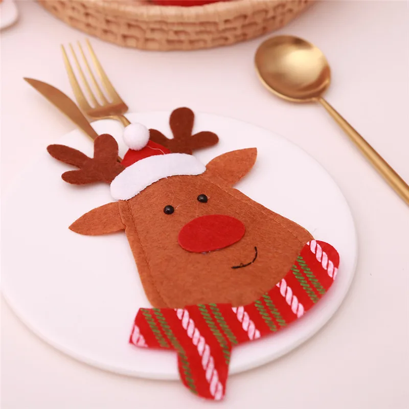 Santa Hat Reindeer Christmas New Year Pocket Fork Knife Cutlery Holder Bag Home Party Table Dinner Decoration Tableware - Color: H