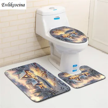 

Free Shipping 3 pcs Santa Warm House Bath Mat Set Anti Slip Bathroom Mat Set Tapete Banheiro Washable Toilet Rugs Alfombra Bano