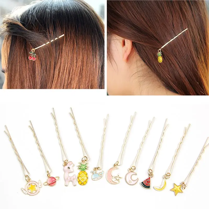 

3Pcs Japanese Women Girl Spiral Hairpins Cute Fruit Planet Rocket Pendant Charms Hair Clip Side Bangs Styling Barrettes