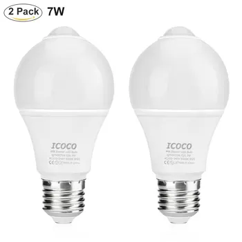 

2pcs 7W PIR Motion Sensor LED Light Bulbs Cold White E26 Infrared Sensor Auto On/Off Night Lights for Garage Corridor Closet