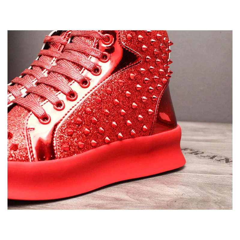 OVXUAN/Красные кроссовки; сезон весна-осень; мужская обувь с высоким берцем и заклепками; повседневные мужские вечерние ботинки на платформе в стиле панк; calzado zapatillas hombre