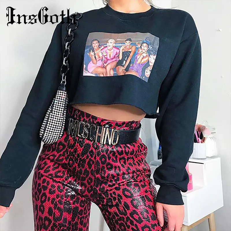 

InsGoth Casual Hoodie Women Black Loose Harajuku Cropped Sweatshirt Fashion Steetwear Pullover Sweatshirt Printed Hoodie Lady