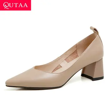 

QUTAA 2020 Sexy Pointed Toe Spring Autumn All Match Ladies Pumps Cow Leather Square Heel Shallow Women Single Shoes Size 34-39