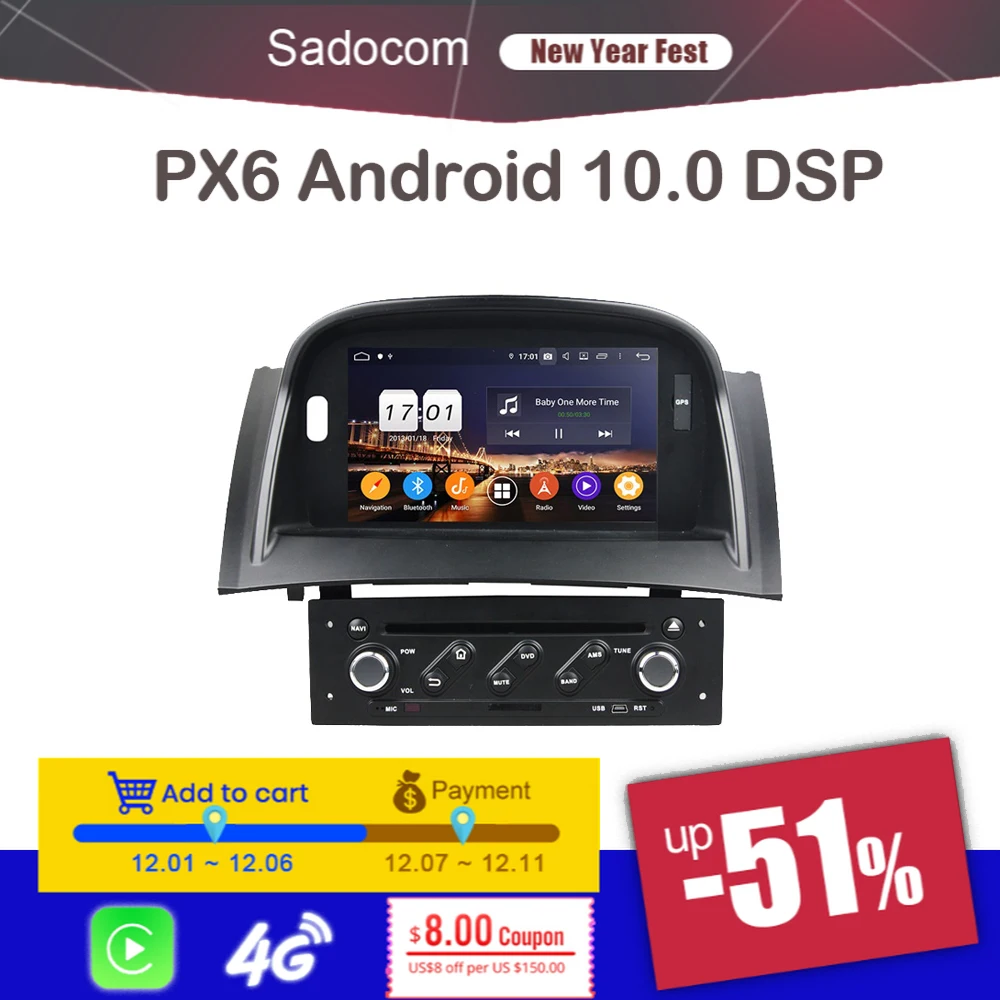 Автомагнитола PX6 TDA7851 1 din Android 11 0 4 Гб ОЗУ для Renault Megane II 2 2004-2009 DVD-плеер GPS карта