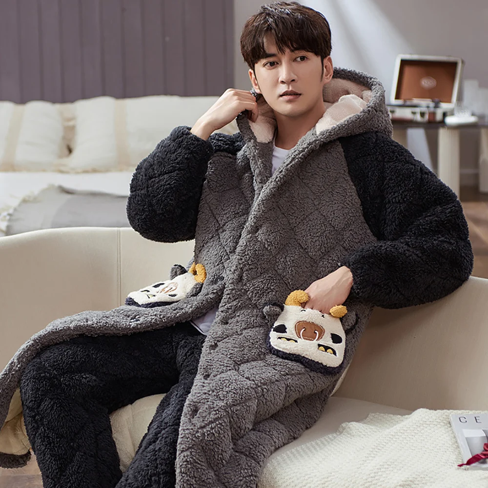 Men Terry Robe Hooded Pajama Sets Super Warm 3-layer Thick Long Bathrobe Luxury Winter Kimono Man Plaid Pajamas Embroidery Robe plus size silk pajamas Men's Sleep & Lounge