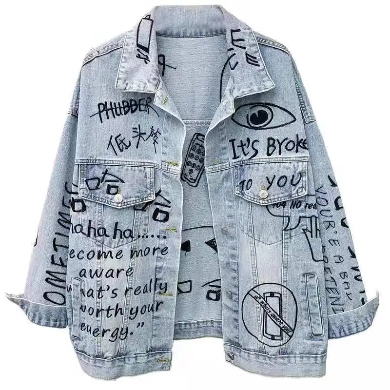 

Jeans Coat Female Harajuku Jackets Jeans Jacket Women Streetwear Fashion Graffiti Embroidery Denim Jacket Pocket Lapel Loose