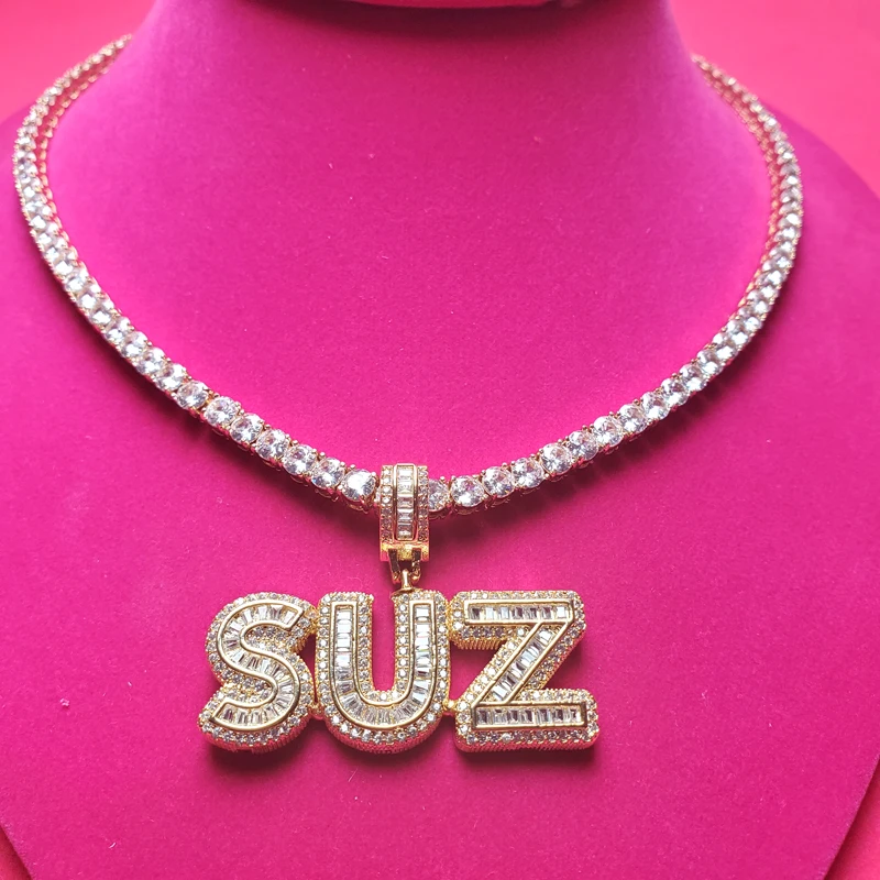 Customized Necklace with Name Cubic Zircon Iced Out Letters with Tennis Chain Necklace for Women