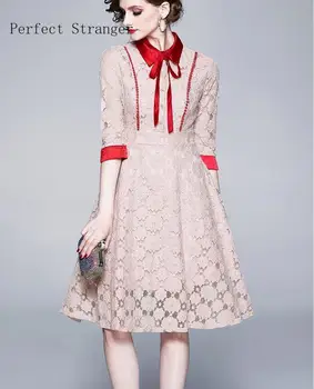 

2020 Summer New Arrival Elegant Peter Pan Collar Bowknot Three-quarter Sleeve Women Lace Long Dress