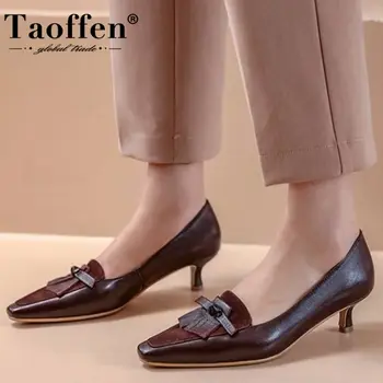 

Taoffen 2020 Spring Autumn Pumps Genuine Leather Women Shoes Vintage Square Toe Shoes Bowknot Thin Mid Heel Shoes Size 34-42
