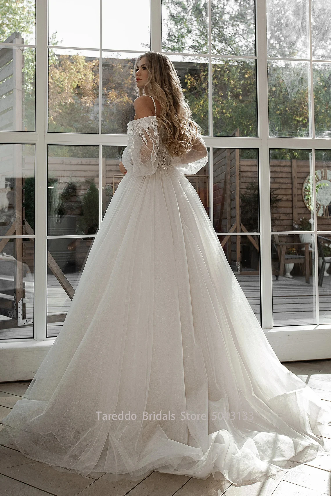 Ball Gown Glitter Wedding Dresses Removable Puffy Long Sleeve Appliques Lace Tulle Bohemian Bridal Gowns
