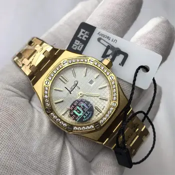 

Diamond automatic Royal Frosted gold Dial Oak mens 18k White Gold Watch Silver-tone hands Fixed bezel 42mm size glide mens 01