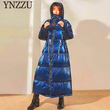 Зимний женский длинный пуховик большой разме свободный с капюшоном женское верхняя одежда толстый теплый пальто шикарный YNZZU 9O099 90% белый утиный пух