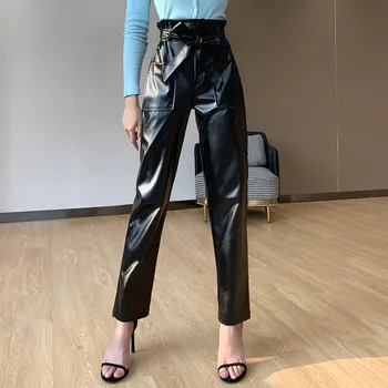 

2020 Autumn Winter Pants Women Fashion Slashes High Waist Female Long Pants Streetwear Pockets Solid Leather Loose Woman Pants