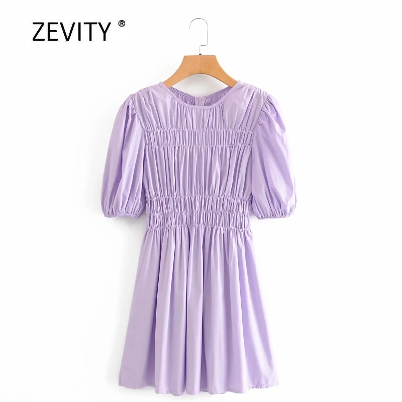 Zevity Women vintage O Neck puff sleeve purple color mini Dress Ladies press pleated elastic casual slim vestidos Dresses DS4025 Zevity Women vintage O Neck puff sleeve purple color mini Dress Ladies press pleated elastic casual slim vestidos Dresses DS4025