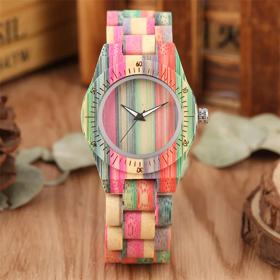 

Pure Colorful Wooden Watch Women Watch Luxury Quartz Timepiece Unique Ladies Bamboo Bracelet Clock reloj femenino Top Gift