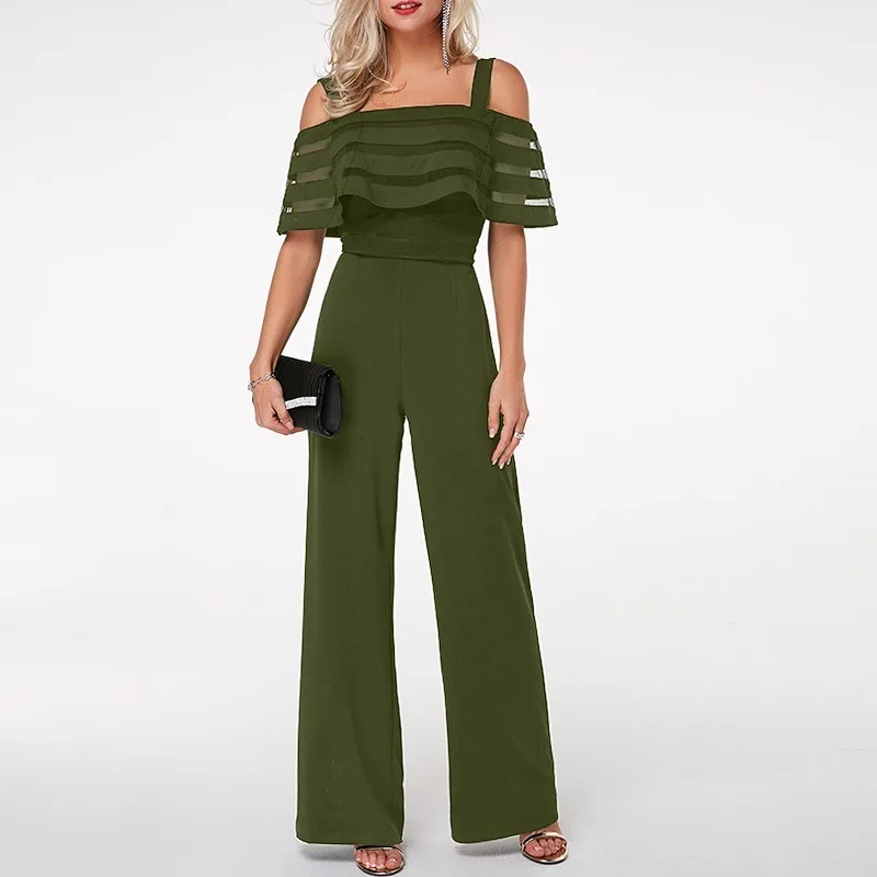 Plus Size Long Wide Leg Romper Overlay Embellished Black Strappy Cold Shoulder Jumpsuit Loose Solid Jumpsuit