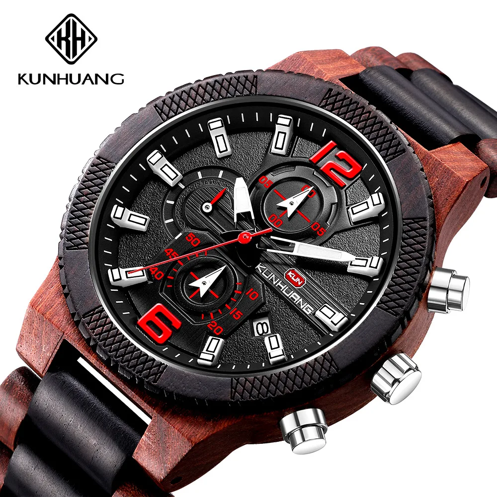 

Casual Sport Wooden Wristwatch Men Calendar Wood watch for men Business Chronograph Military Quartz Watches Mens Kun Huang