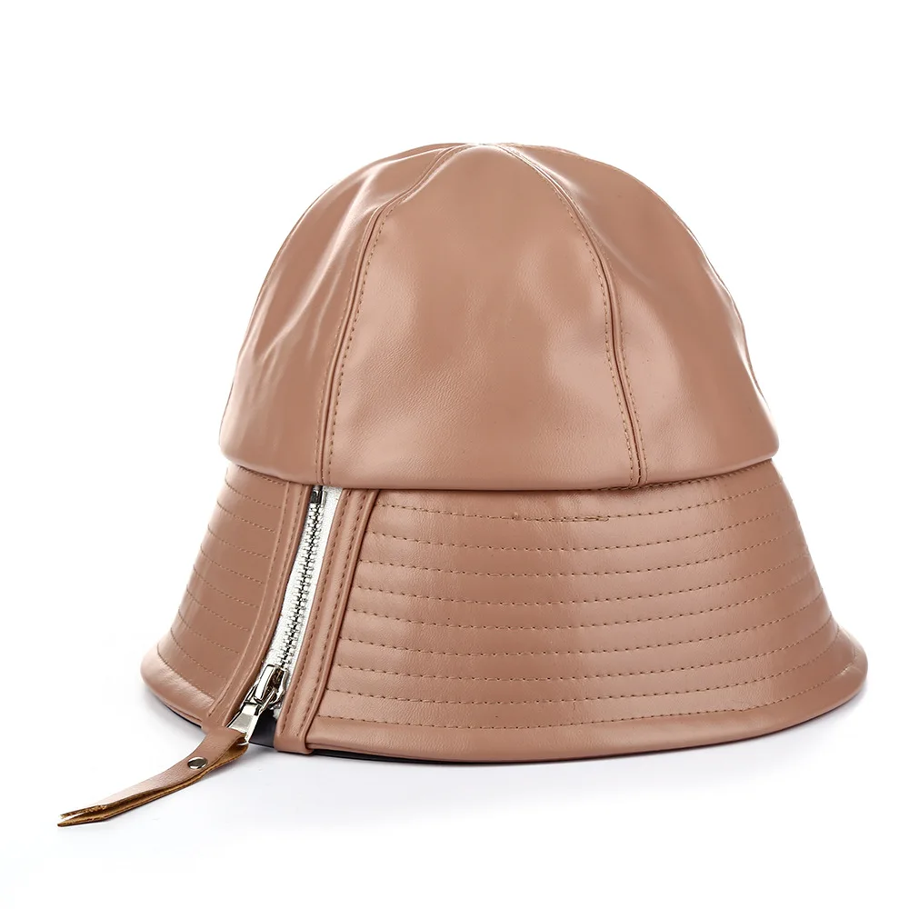 Womens Winter Autumn Solid Color PU Leather Bucket Hats Waterproof Packable Outdoor Travel Fashion Bucket Hat Adjustable
