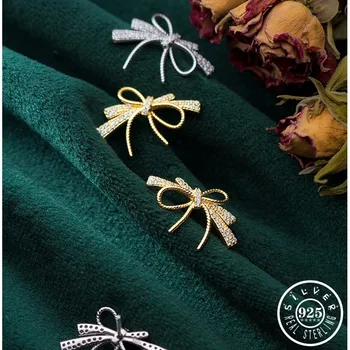 

925 Sterling Silver Cubic Zirconia Bowknot Earings Gold Color Plated Luxury Party Ear Studs CZ Earrings Fine Jewelry for Women