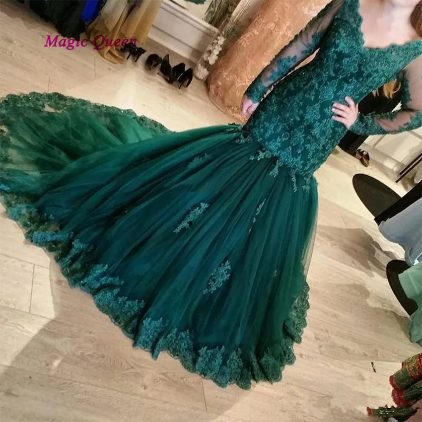 Зеленый Robe de Soiree, элегантное зеленое вечернее платье с длинным рукавом, кружевное платье с v-образным вырезом, платье для выпускного вечера, вечерние платья для женщин, бисер - Цвет: Зеленый