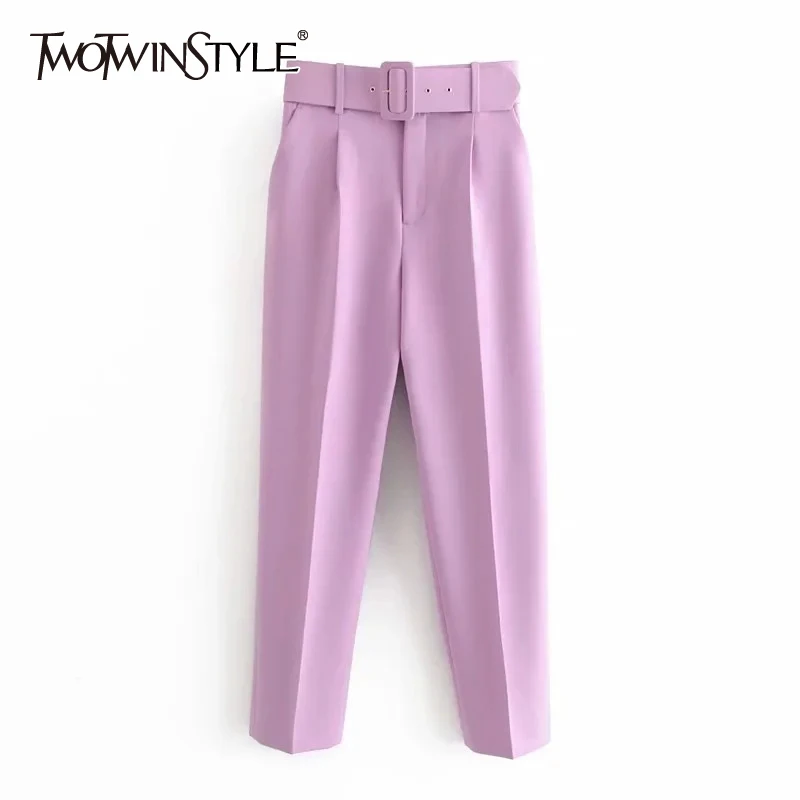 TWOTWINSTYLE Casual Solid Color Pants For Women High Waist Belt