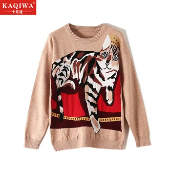 

2020 Autumn and winter new net red same walk show large pattern sweater loose outside pink cat knitwear female