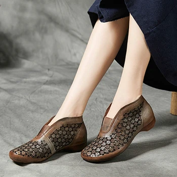 

Women Ankle Boots Genuine Leather Woman Summer shoes 2020 Thick Heels Retro Round Toe Slip on Hole Short Boots Ladies Sandals