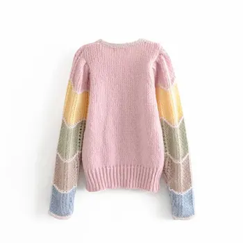 

Stylish Chic Wool blend Sweater Sweet Girls Rainbow Colors Patchwork O-Neck Pullovers Casual Female Jumpers