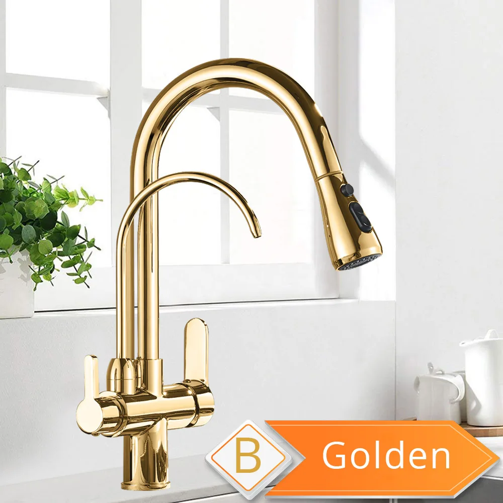 Golden B Очистка кухонных смесителей черный выдвижной кухонный фильтр для воды кран трехходовой torneira para cozinha de parede кран для кухни - Цвет: Golden B